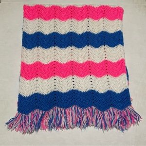 VTG Handmade Pink Blue White Chevron Crochet Afghan Blanket ~45x48” Bright Color